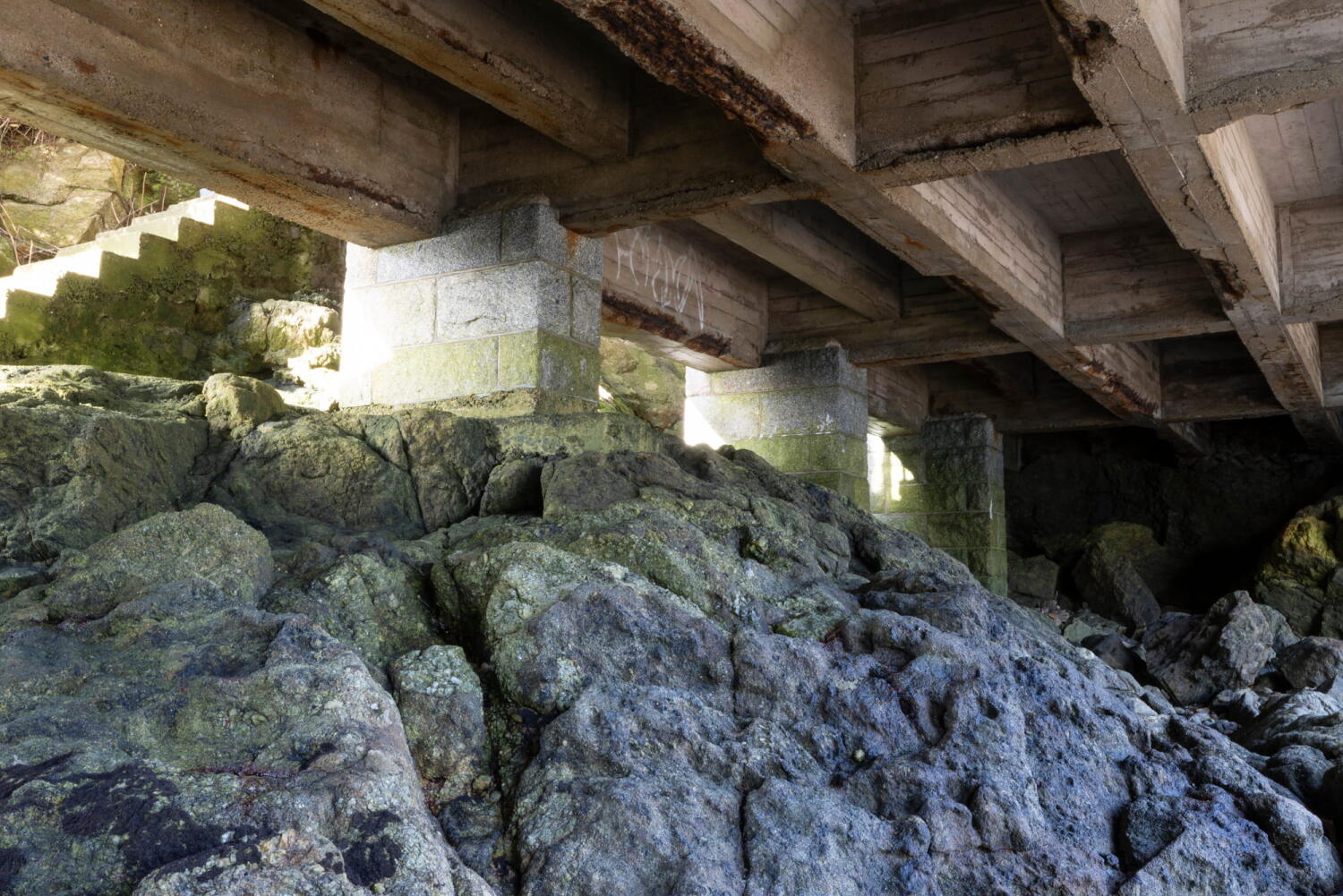 Mit Grünalgen bewachsene Felsen und verrostete Stahlbetonpfeiler im Gezeitenbereich.